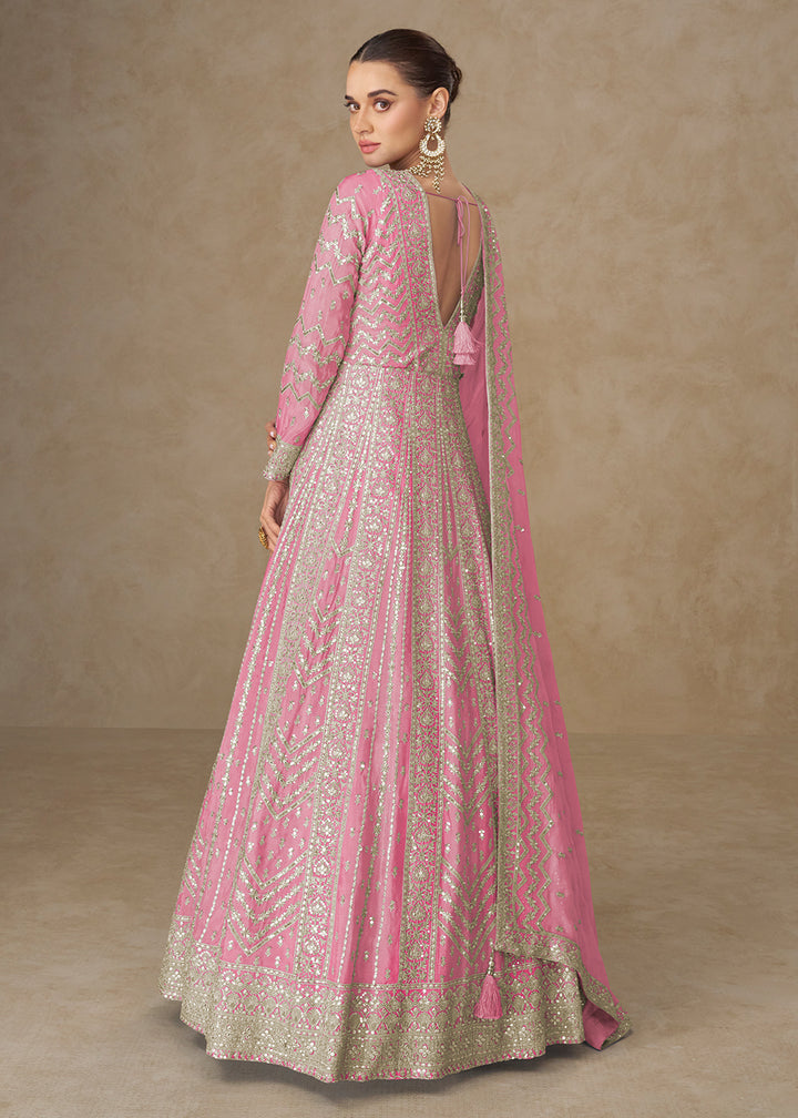 Buy Now Premium Pink Chinnon Silk Wedding Anarkali Suit Online in USA, UK, Sweden, Denmark, Greece, Germany, Canada, Belgium, UAE & Worldwide at Empress.