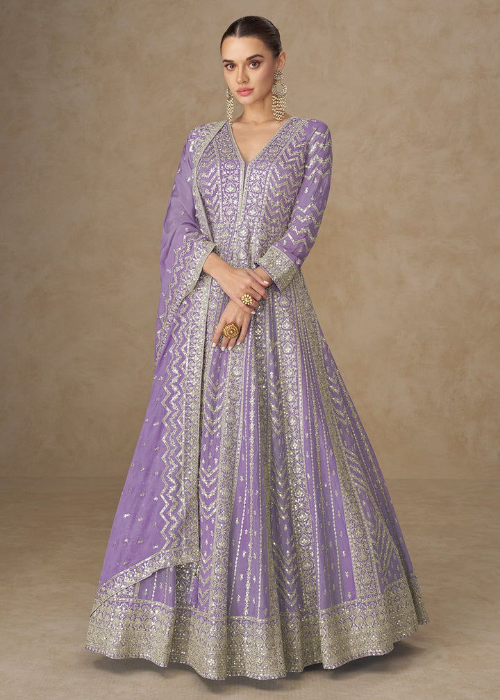 Buy Now Premium Lilac Chinnon Silk Wedding Anarkali Suit Online in USA, UK, Sweden, Denmark, Greece, Germany, Canada, Belgium, UAE & Worldwide at Empress.