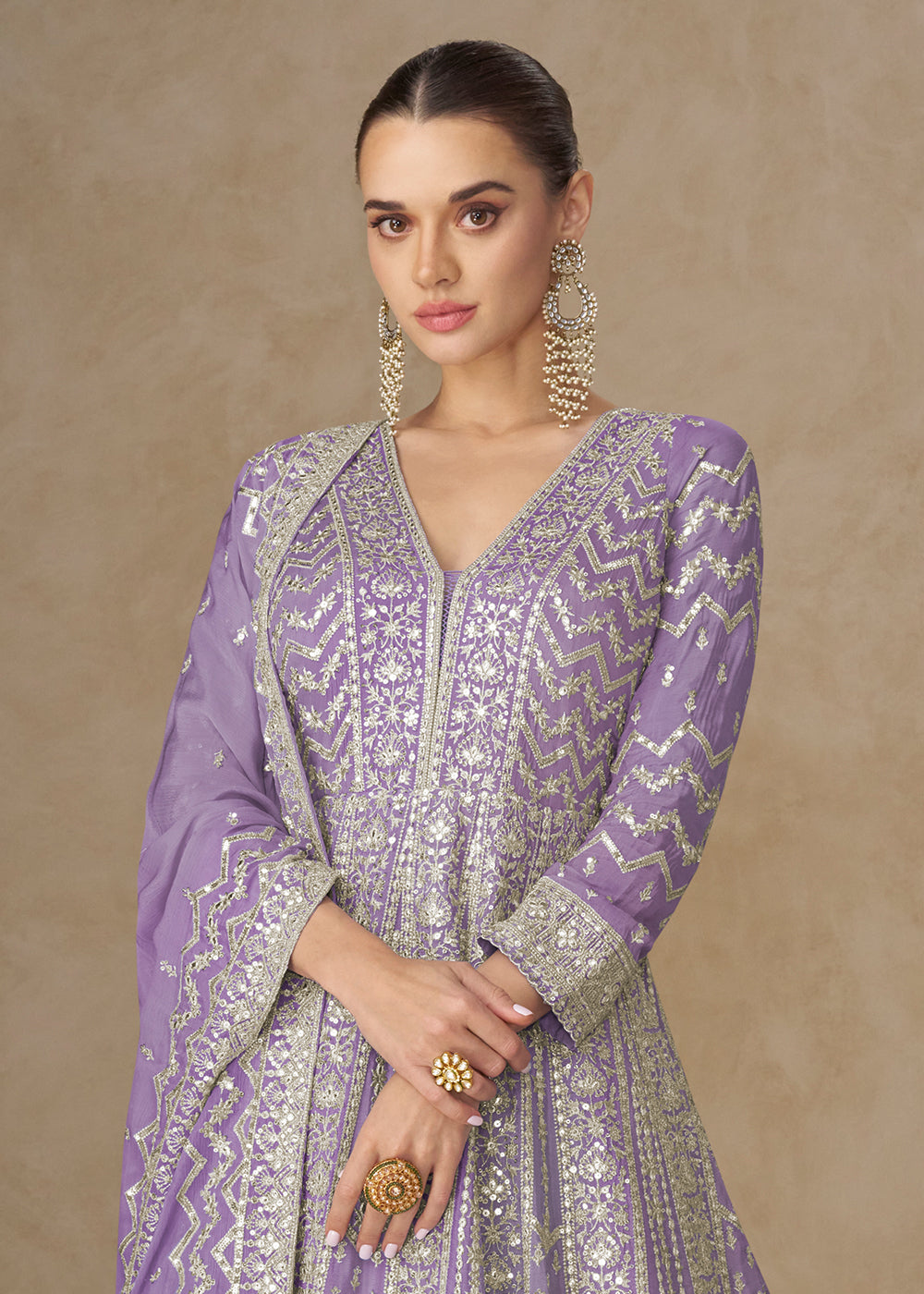 Buy Now Premium Lilac Chinnon Silk Wedding Anarkali Suit Online in USA, UK, Sweden, Denmark, Greece, Germany, Canada, Belgium, UAE & Worldwide at Empress.