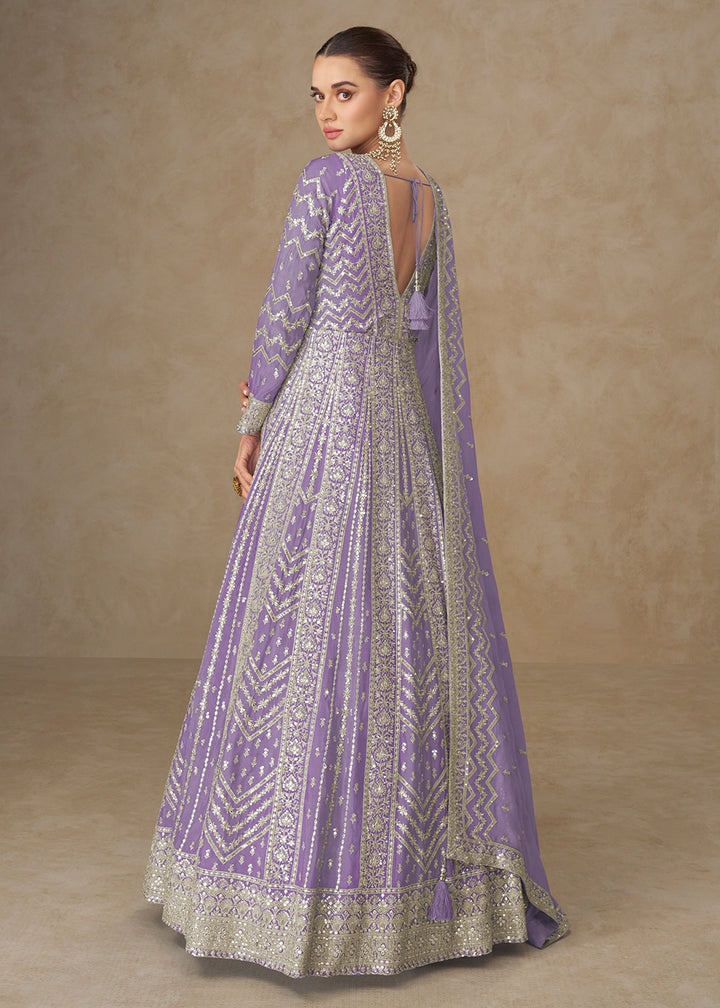 Buy Now Premium Lilac Chinnon Silk Wedding Anarkali Suit Online in USA, UK, Sweden, Denmark, Greece, Germany, Canada, Belgium, UAE & Worldwide at Empress.