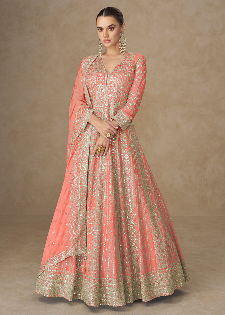 Buy Now Premium Peach Chinnon Silk Wedding Anarkali Suit Online in USA, UK, Sweden, Denmark, Greece, Germany, Canada, Belgium, UAE & Worldwide at Empress.