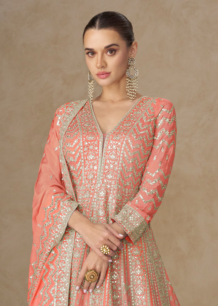 Buy Now Premium Peach Chinnon Silk Wedding Anarkali Suit Online in USA, UK, Sweden, Denmark, Greece, Germany, Canada, Belgium, UAE & Worldwide at Empress.