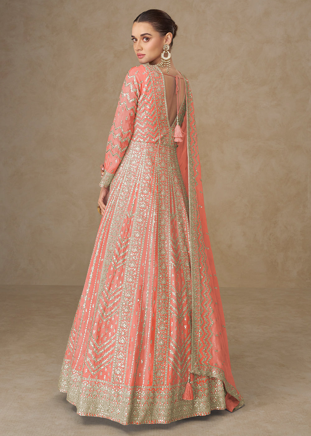 Buy Now Premium Peach Chinnon Silk Wedding Anarkali Suit Online in USA, UK, Sweden, Denmark, Greece, Germany, Canada, Belgium, UAE & Worldwide at Empress.