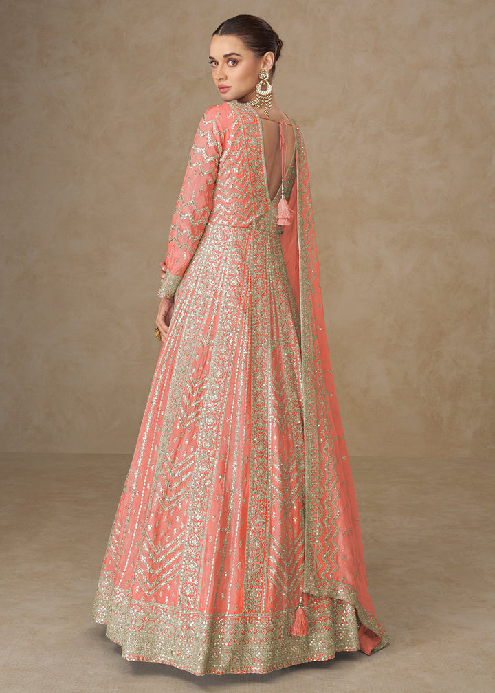 Buy Now Premium Peach Chinnon Silk Wedding Anarkali Suit Online in USA, UK, Sweden, Denmark, Greece, Germany, Canada, Belgium, UAE & Worldwide at Empress.