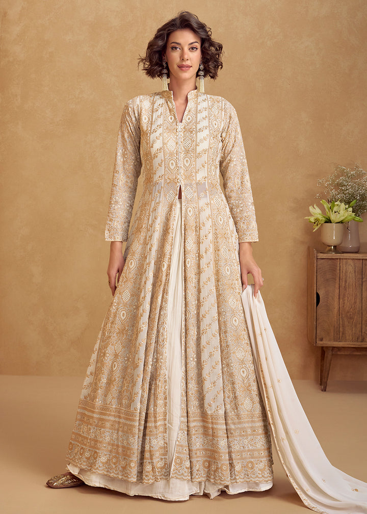 Buy Now Real Georgette Ivory Eid Style Slit Style Lehenga Suit Online in USA, UK, Canada, Germany, Italy, France, Austria, UAE & Worldwide at Empress Clothing.
