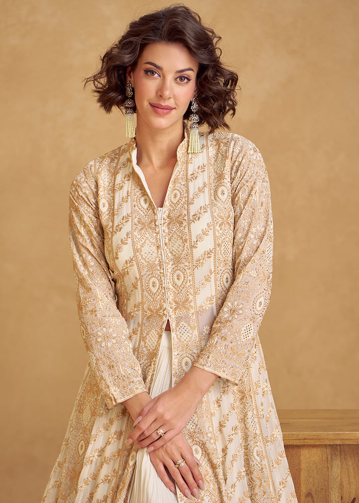 Buy Now Real Georgette Ivory Eid Style Slit Style Lehenga Suit Online in USA, UK, Canada, Germany, Italy, France, Austria, UAE & Worldwide at Empress Clothing.