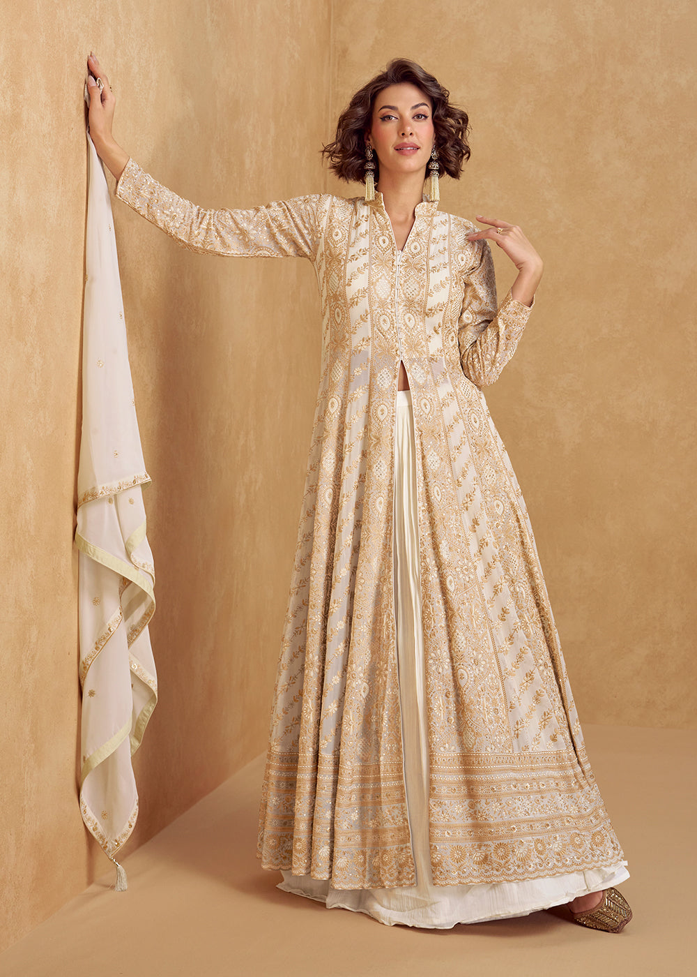 Buy Now Real Georgette Ivory Eid Style Slit Style Lehenga Suit Online in USA, UK, Canada, Germany, Italy, France, Austria, UAE & Worldwide at Empress Clothing.