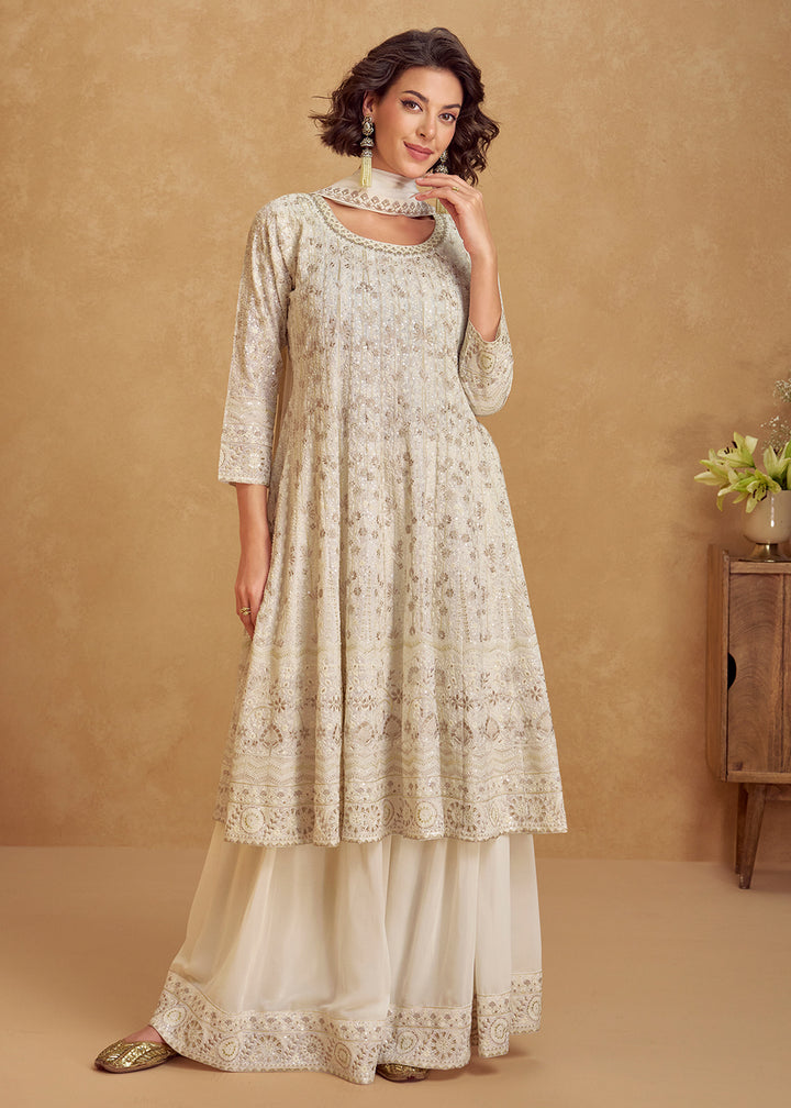 Buy Now Real Georgette Pearl White Eid Style Palazzo Suit Online in USA, UK, Canada, Germany, Italy, France, Austria, UAE & Worldwide at Empress Clothing.