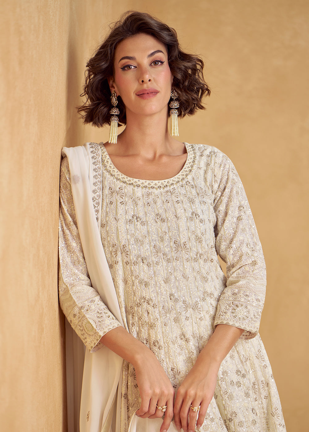 Buy Now Real Georgette Pearl White Eid Style Palazzo Suit Online in USA, UK, Canada, Germany, Italy, France, Austria, UAE & Worldwide at Empress Clothing.