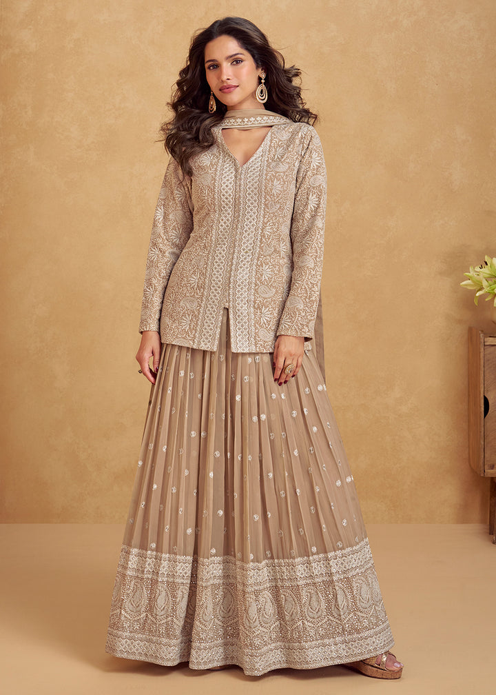 Buy Now Real Georgette Beige Eid Style Lehenga Suit Online in USA, UK, Canada, Germany, Italy, France, Austria, UAE & Worldwide at Empress Clothing.