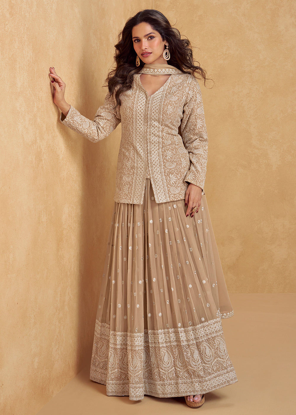 Buy Now Real Georgette Beige Eid Style Lehenga Suit Online in USA, UK, Canada, Germany, Italy, France, Austria, UAE & Worldwide at Empress Clothing.