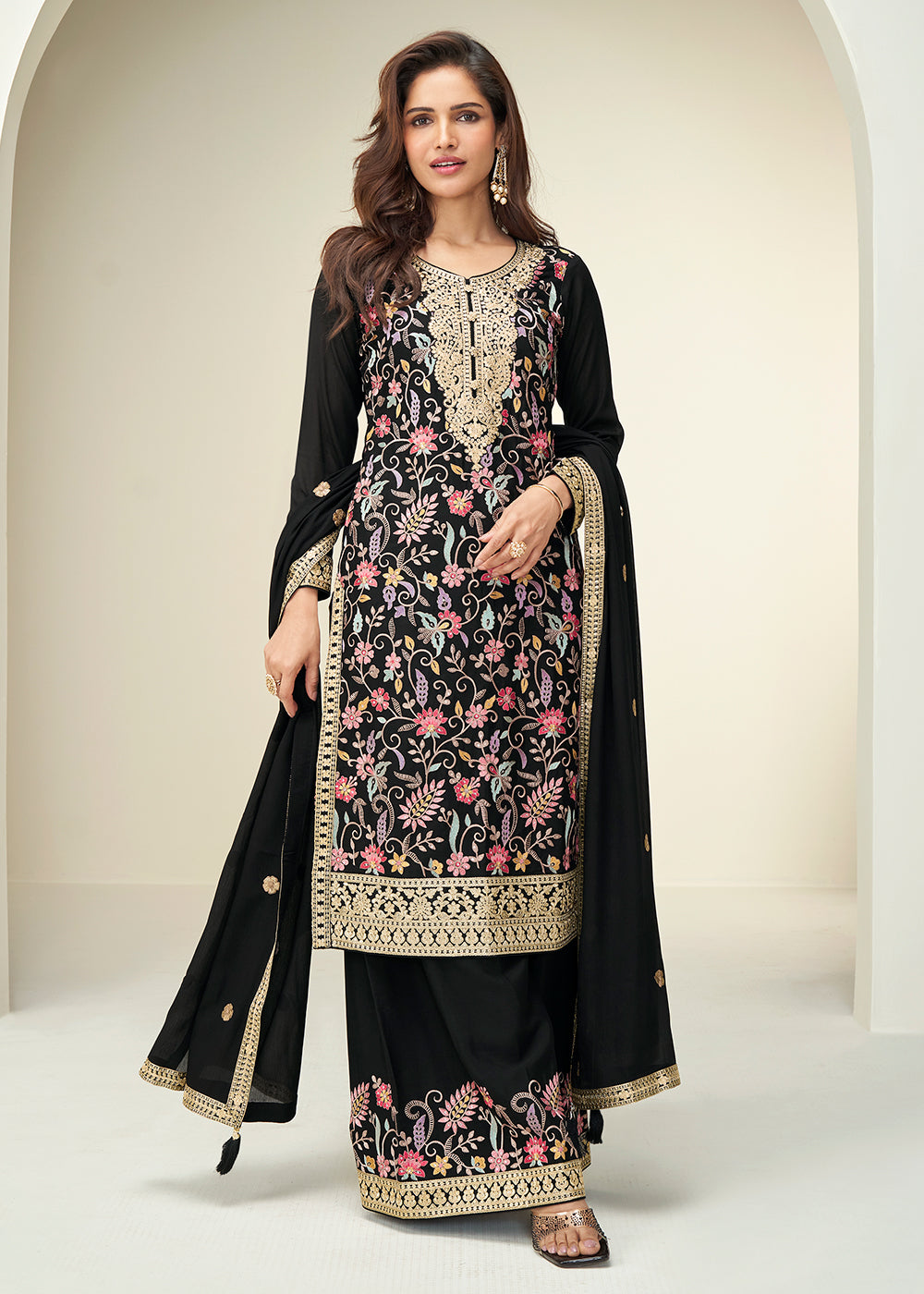 Buy Now Black Floral Style Embroidered Ethnic Palazzo Suit Online in Newark, Yorktown, Toronto, London, Orlando, Munich, Chicago, Utah & Worldwide at Empress.