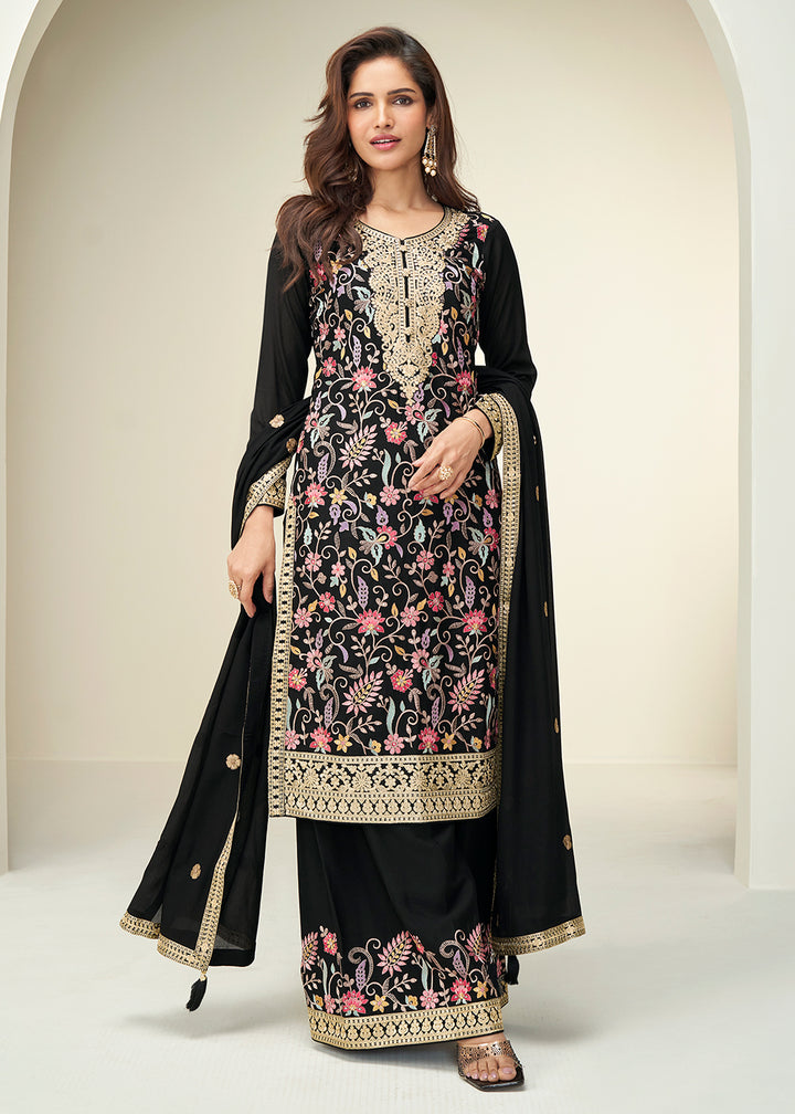 Buy Now Black Floral Style Embroidered Ethnic Palazzo Suit Online in Newark, Yorktown, Toronto, London, Orlando, Munich, Chicago, Utah & Worldwide at Empress.
