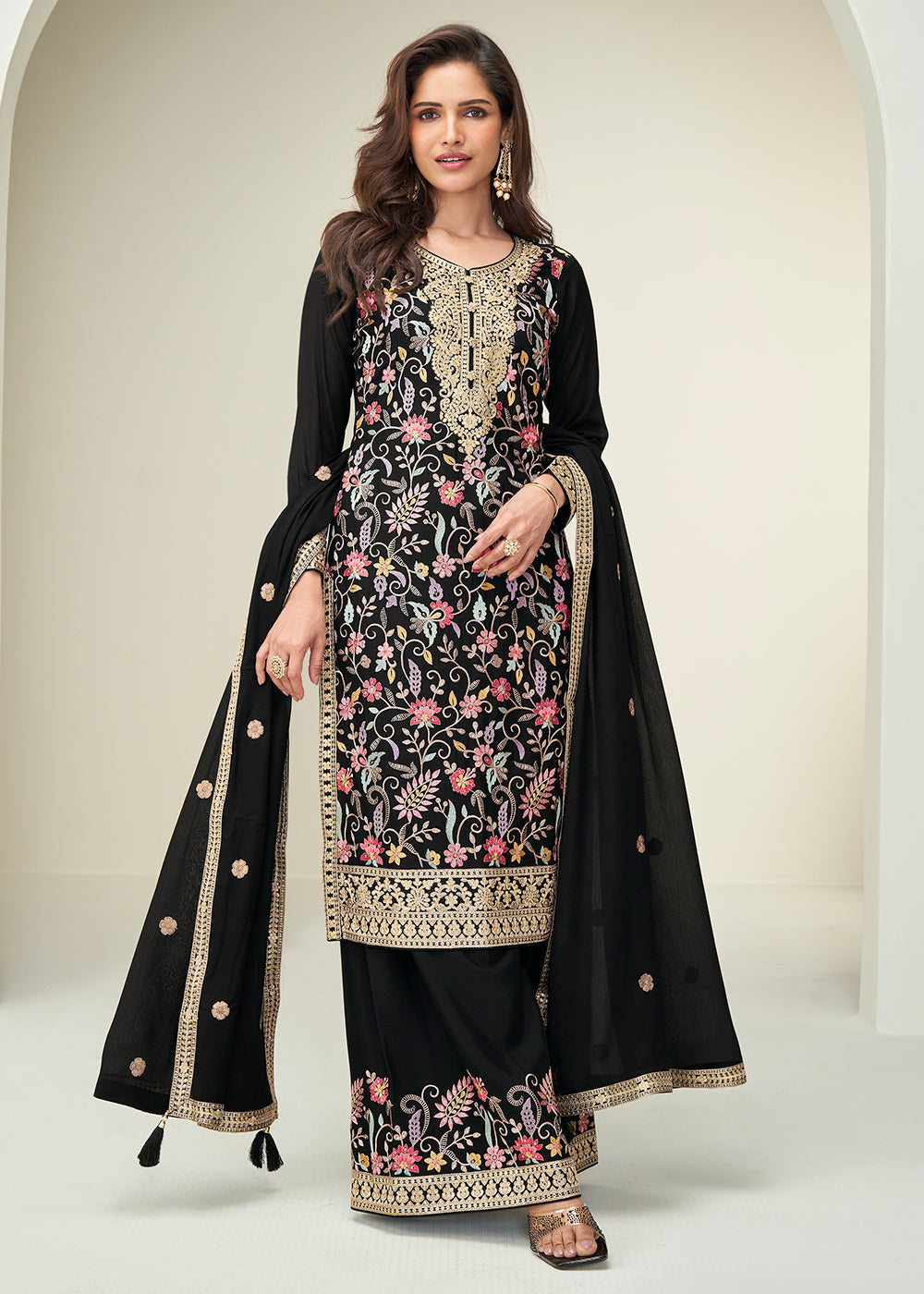 Buy Now Black Floral Style Embroidered Ethnic Palazzo Suit Online in Newark, Yorktown, Toronto, London, Orlando, Munich, Chicago, Utah & Worldwide at Empress.