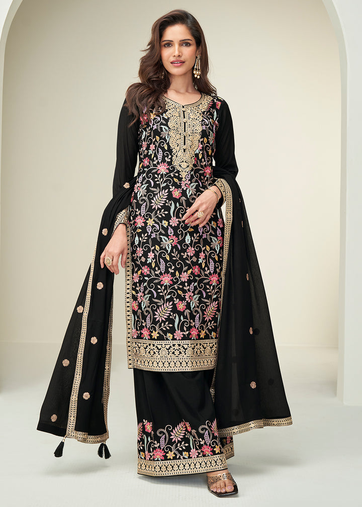 Buy Now Black Floral Style Embroidered Ethnic Palazzo Suit Online in Newark, Yorktown, Toronto, London, Orlando, Munich, Chicago, Utah & Worldwide at Empress.