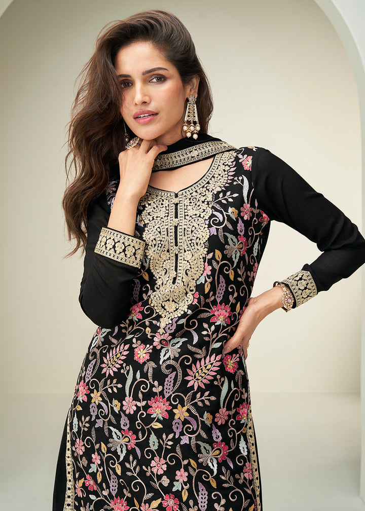 Buy Now Black Floral Style Embroidered Ethnic Palazzo Suit Online in Newark, Yorktown, Toronto, London, Orlando, Munich, Chicago, Utah & Worldwide at Empress.