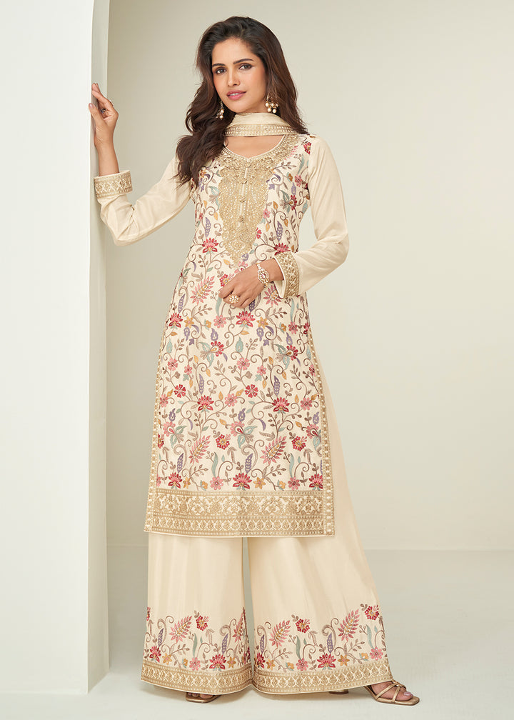 Buy Now Off White Floral Style Embroidered Ethnic Palazzo Suit Online in Newark, Yorktown, Toronto, London, Orlando, Munich, Chicago & Worldwide at Empress.
