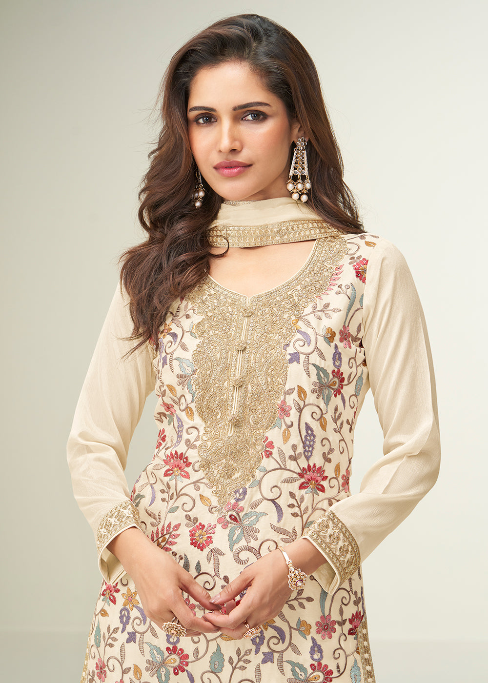 Buy Now Off White Floral Style Embroidered Ethnic Palazzo Suit Online in Newark, Yorktown, Toronto, London, Orlando, Munich, Chicago & Worldwide at Empress.