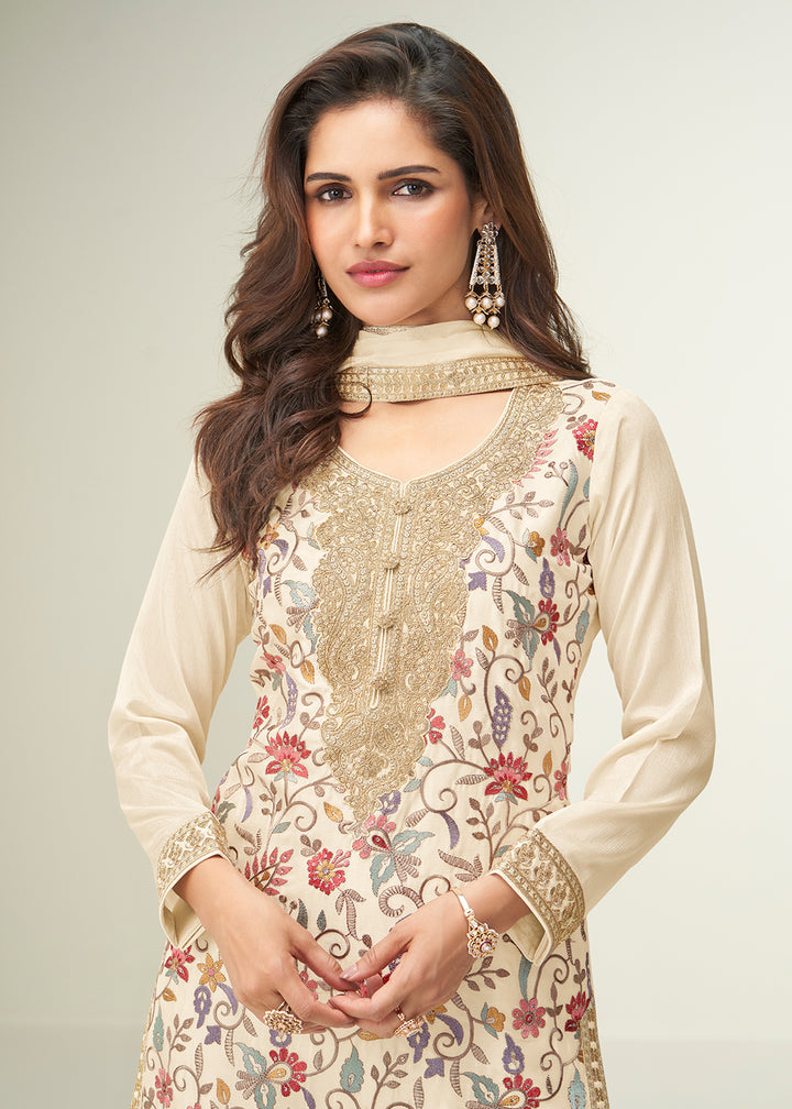 Buy Now Off White Floral Style Embroidered Ethnic Palazzo Suit Online in Newark, Yorktown, Toronto, London, Orlando, Munich, Chicago & Worldwide at Empress.