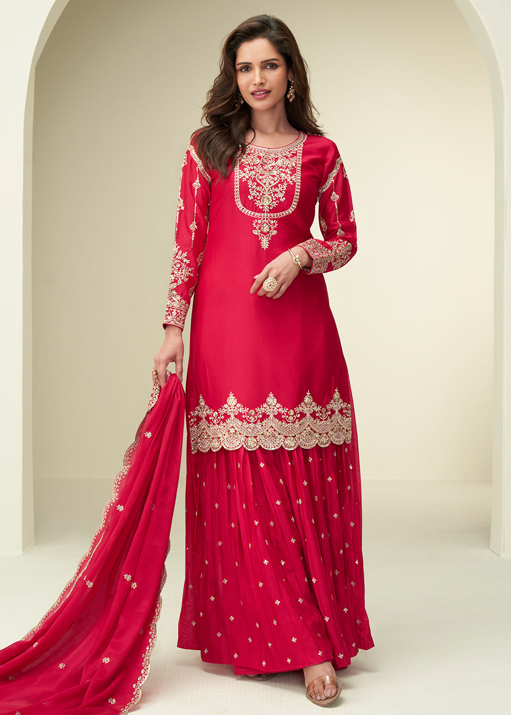 Buy Now Charming Red Sangeet Wear Palazzo Style Suit Online in US, UK, Canada, Germany, Italy, France, Austria, Denmark, Australia, UAE & Worldwide at Empress.