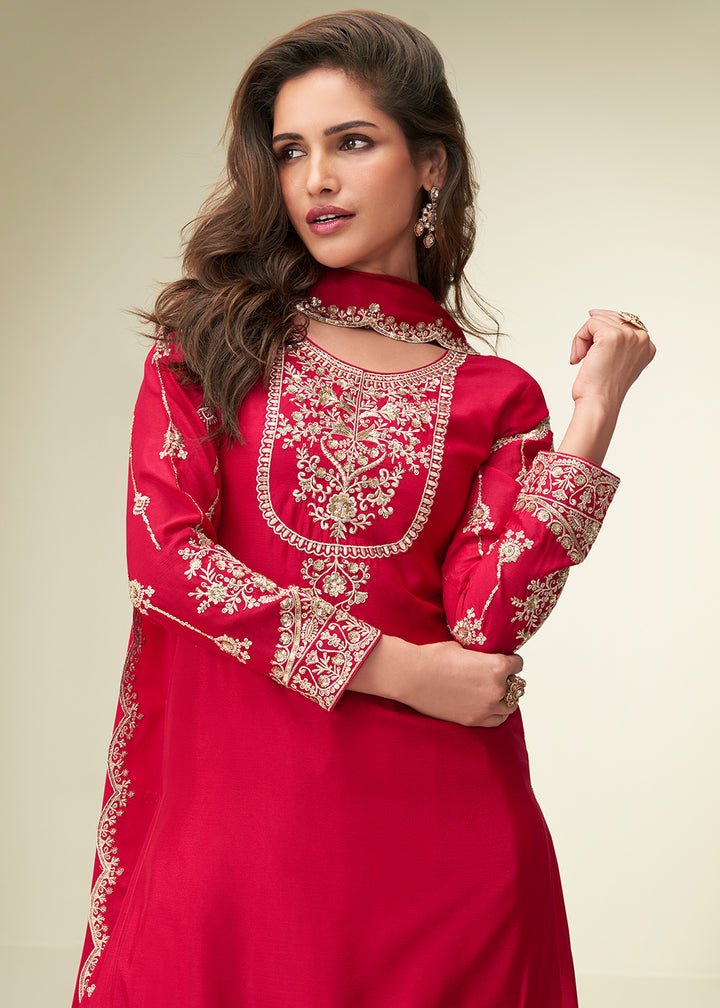 Buy Now Charming Red Sangeet Wear Palazzo Style Suit Online in US, UK, Canada, Germany, Italy, France, Austria, Denmark, Australia, UAE & Worldwide at Empress.
