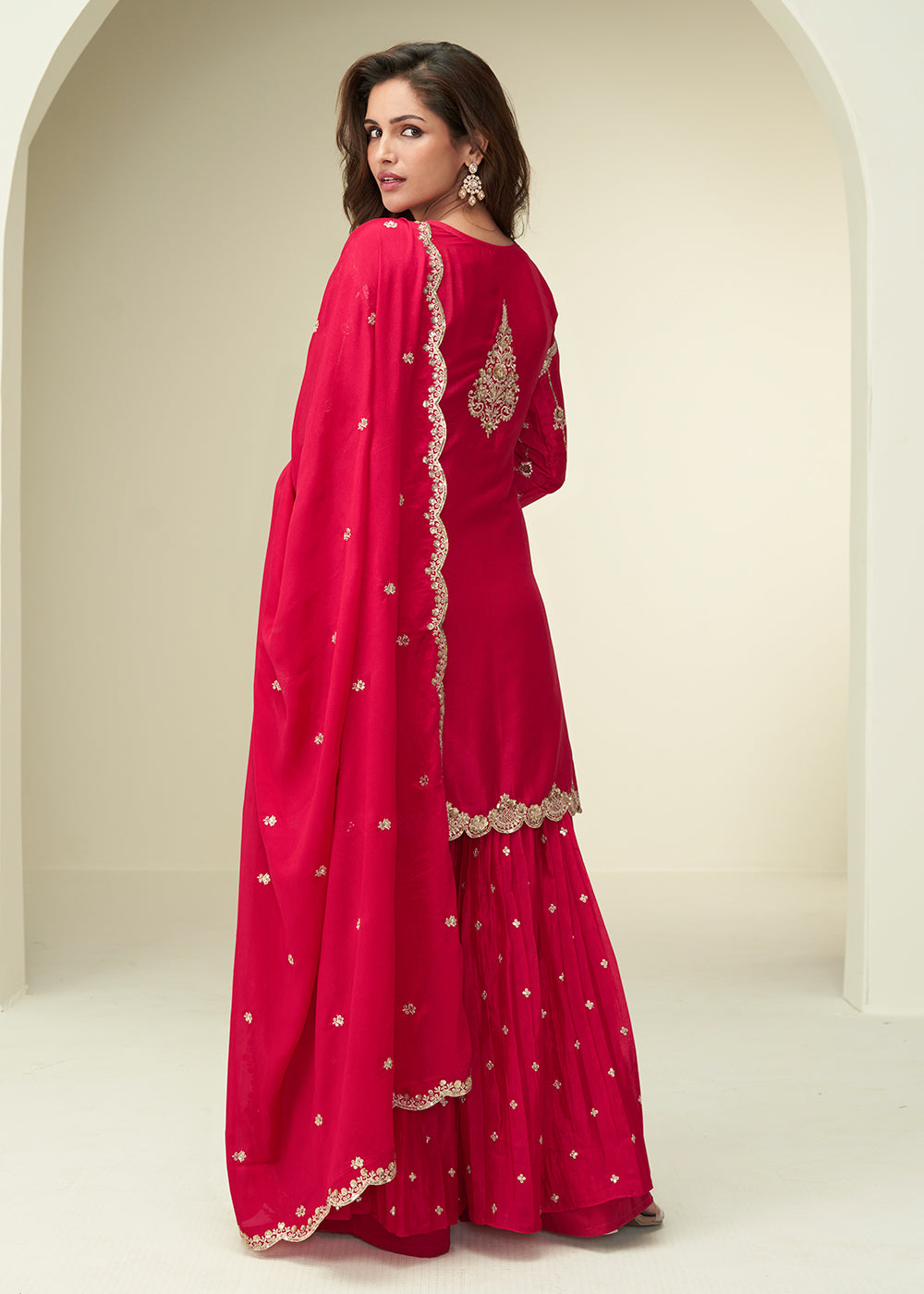 Buy Now Charming Red Sangeet Wear Palazzo Style Suit Online in US, UK, Canada, Germany, Italy, France, Austria, Denmark, Australia, UAE & Worldwide at Empress.