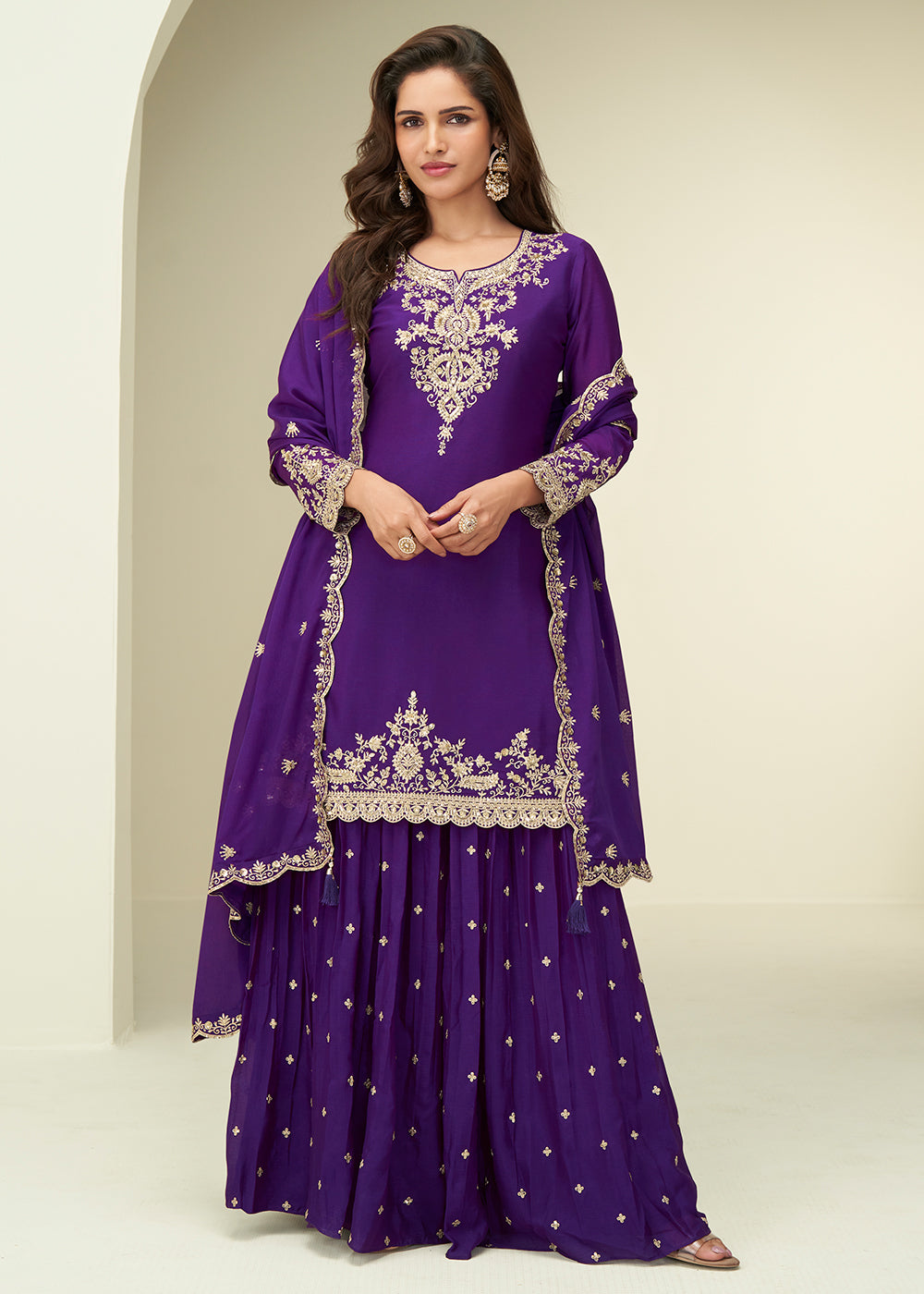 Buy Now Charming Purple Sangeet Wear Palazzo Style Suit Online in US, UK, Canada, Germany, Italy, France, Austria, Denmark, Australia & Worldwide at Empress.