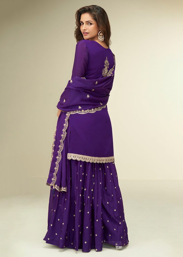 Buy Now Charming Purple Sangeet Wear Palazzo Style Suit Online in US, UK, Canada, Germany, Italy, France, Austria, Denmark, Australia & Worldwide at Empress.