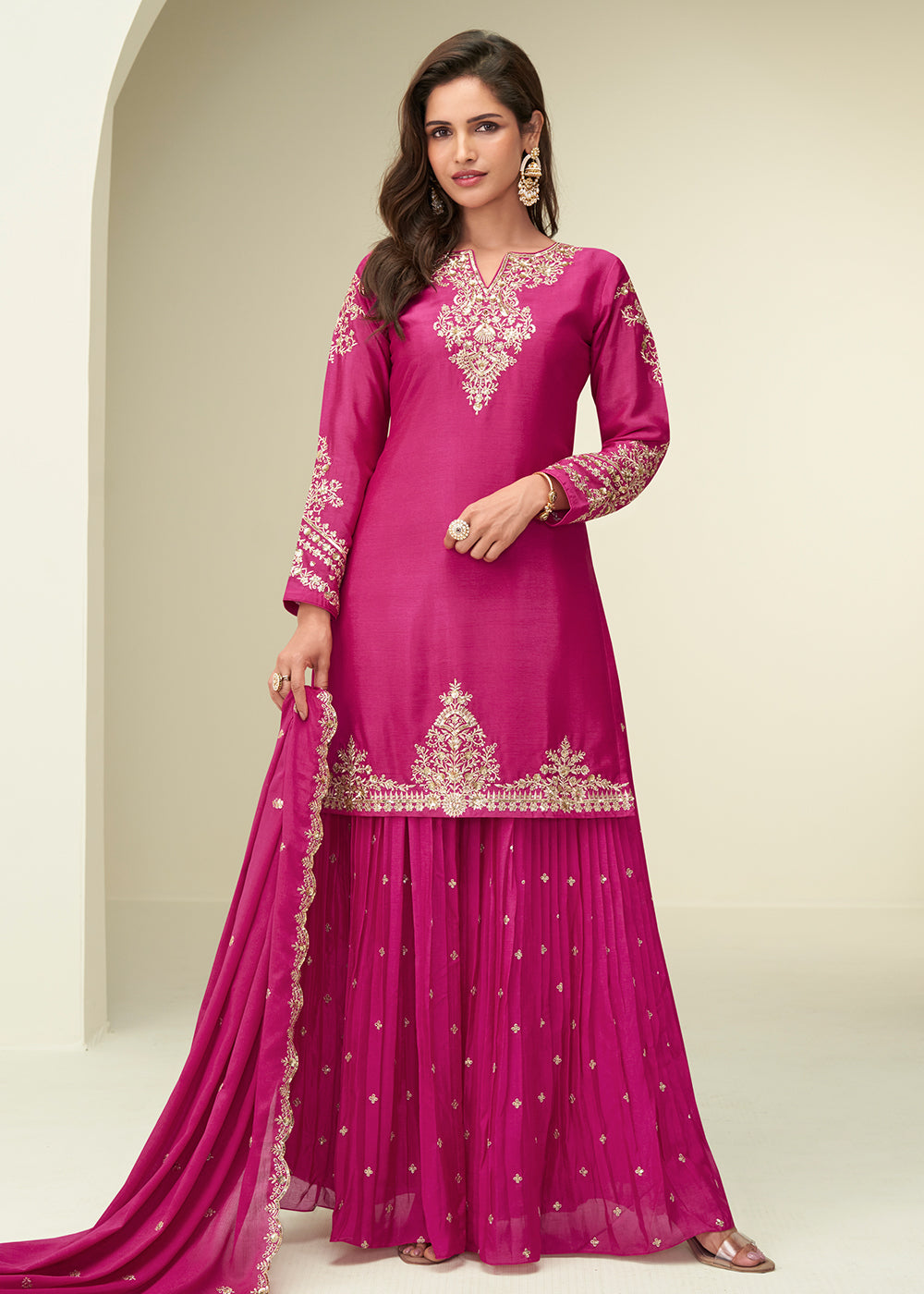 Buy Now Charming Pink Sangeet Wear Palazzo Style Suit Online in US, UK, Canada, Germany, Italy, France, Austria, Denmark, Australia, UAE & Worldwide at Empress.