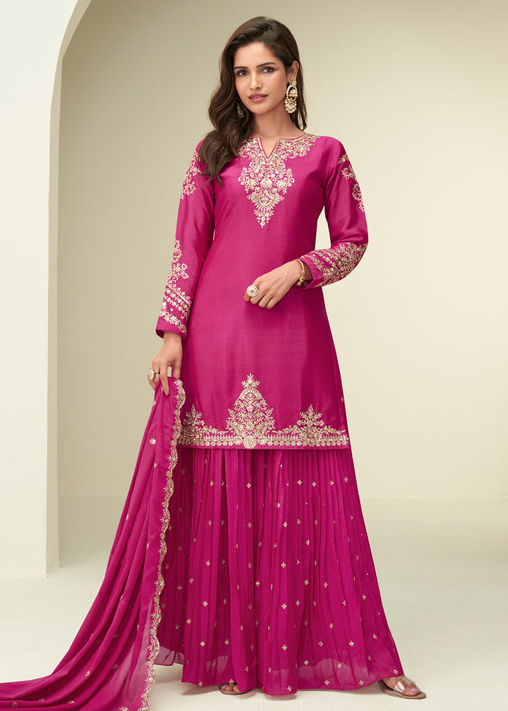 Buy Now Charming Pink Sangeet Wear Palazzo Style Suit Online in US, UK, Canada, Germany, Italy, France, Austria, Denmark, Australia, UAE & Worldwide at Empress.