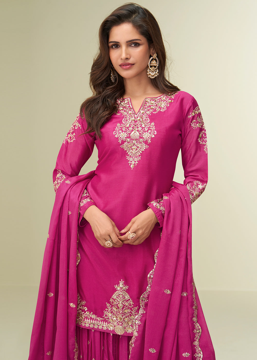 Buy Now Charming Pink Sangeet Wear Palazzo Style Suit Online in US, UK, Canada, Germany, Italy, France, Austria, Denmark, Australia, UAE & Worldwide at Empress.