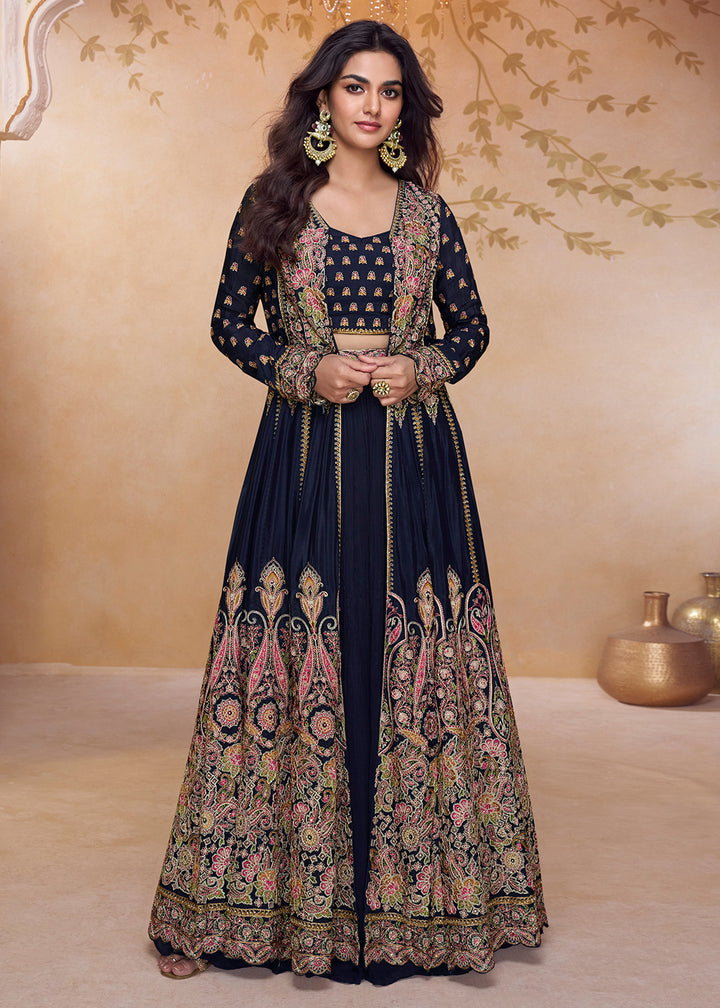 Buy Now Dark Blue Jacket Style Embroidered Designer Lehenga Choli Online in US, UK, Canada, France, Italy, Germany, Austria, Singapore, UAE & Worldwide at Empress.