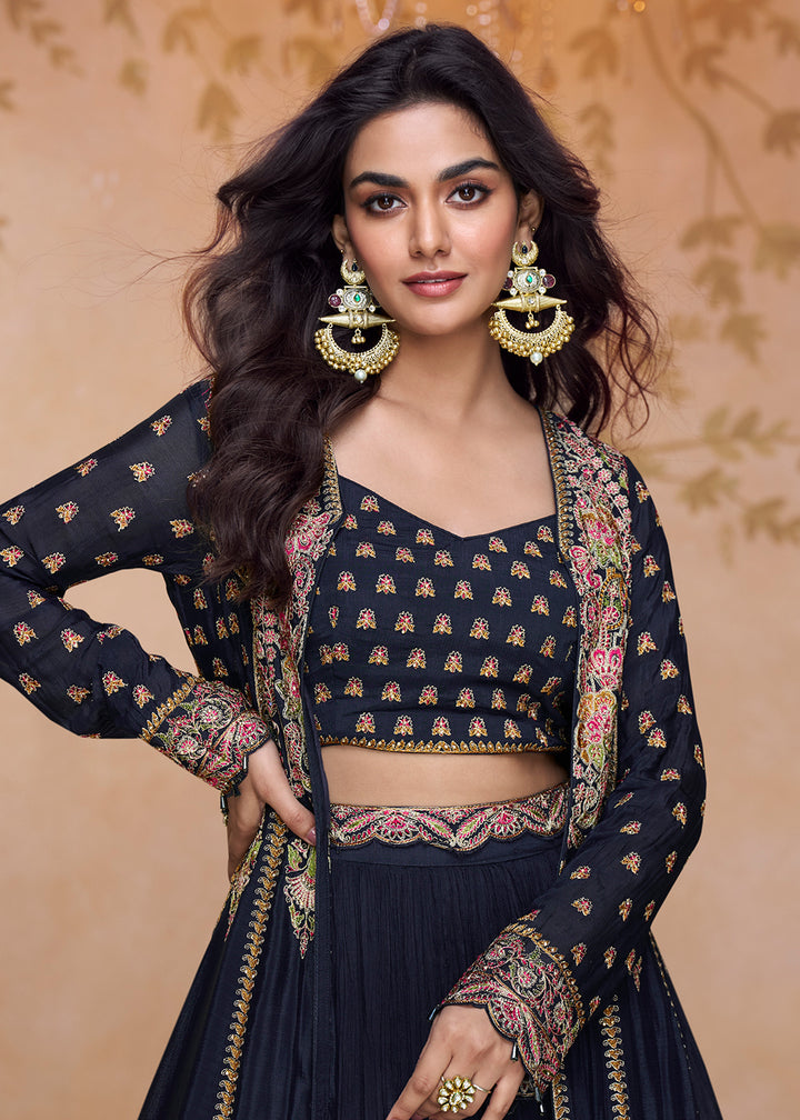 Buy Now Dark Blue Jacket Style Embroidered Designer Lehenga Choli Online in US, UK, Canada, France, Italy, Germany, Austria, Singapore, UAE & Worldwide at Empress.