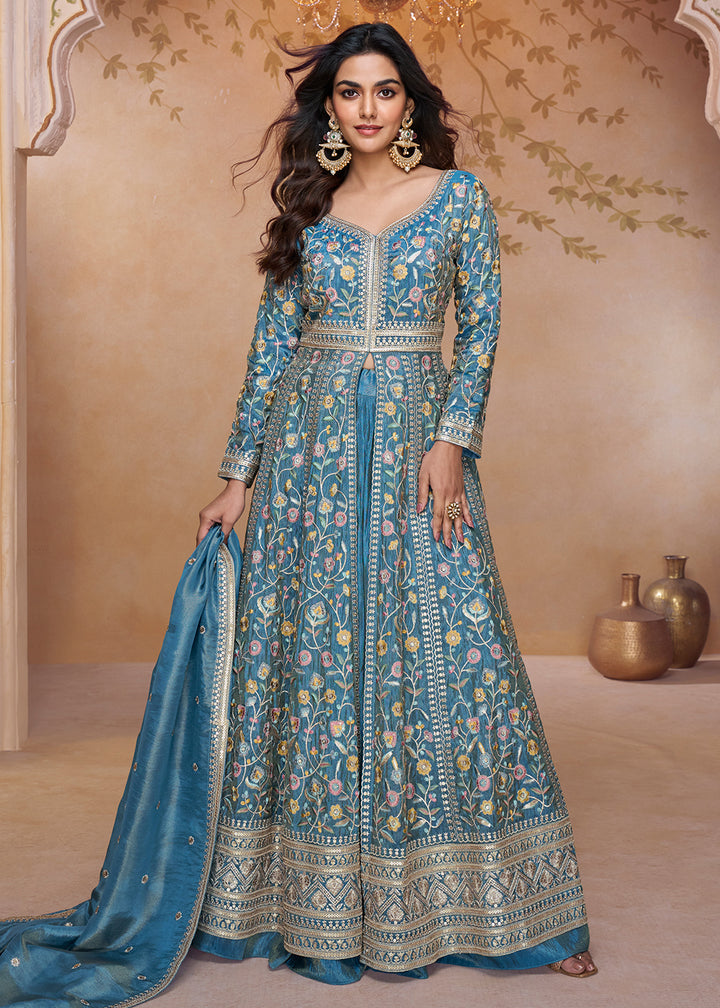 Buy Now Blue Front Slit Embroidered Designer Anarkali Suit Online in US, UK, Germany, France, Italy, Canada, Australia, UAE, Singapore & Worldwide at Empress.
