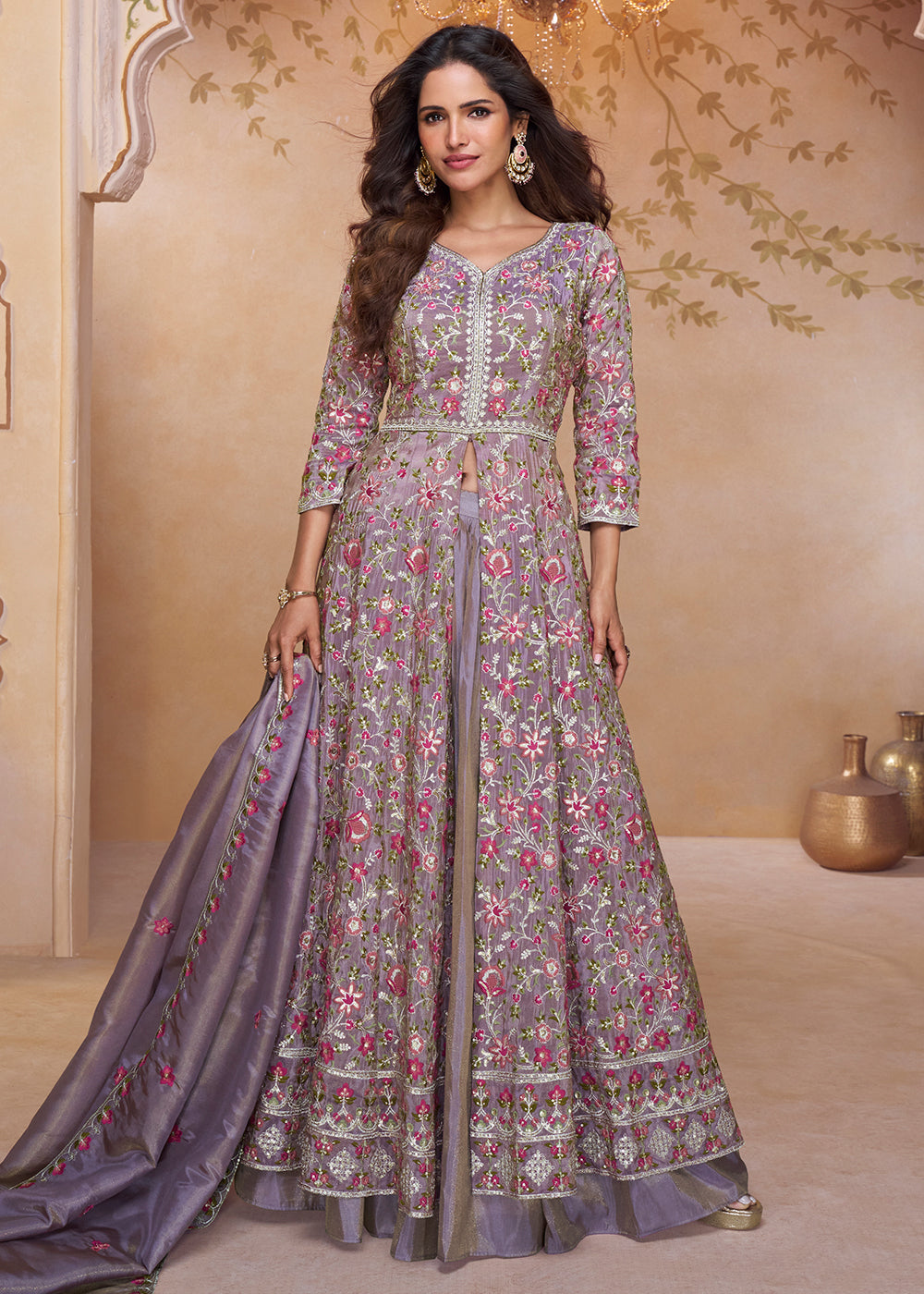 Buy Now Lavender Front Slit Embroidered Designer Anarkali Suit Online in US, UK, Germany, France, Italy, Canada, Australia, Singapore & Worldwide at Empress.