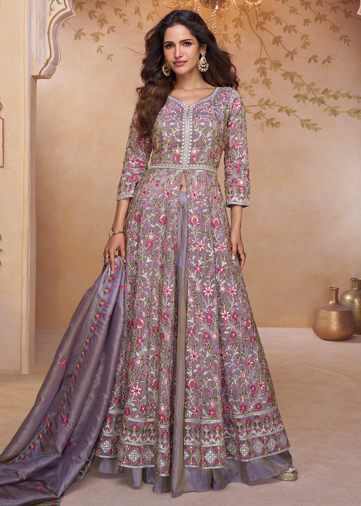 Buy Now Lavender Front Slit Embroidered Designer Anarkali Suit Online in US, UK, Germany, France, Italy, Canada, Australia, Singapore & Worldwide at Empress.