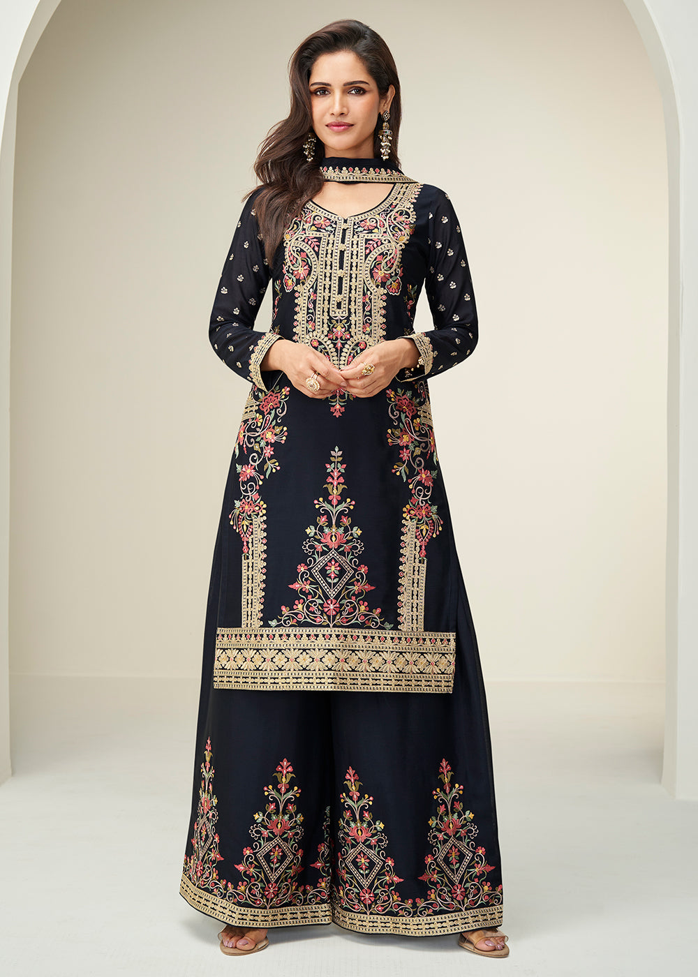 Buy Now Black Festive Style Embroidered Ethnic Palazzo Suit Online in Newark, Yorktown, Toronto, London, Orlando, Munich, Chicago, Utah & Worldwide at Empress.