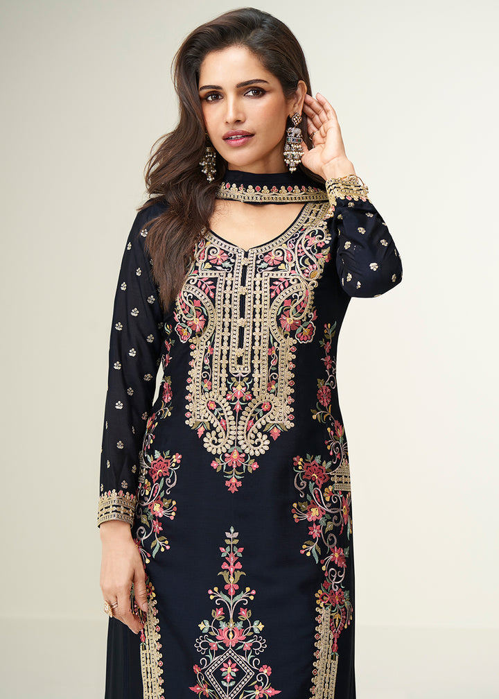 Buy Now Black Festive Style Embroidered Ethnic Palazzo Suit Online in Newark, Yorktown, Toronto, London, Orlando, Munich, Chicago, Utah & Worldwide at Empress.