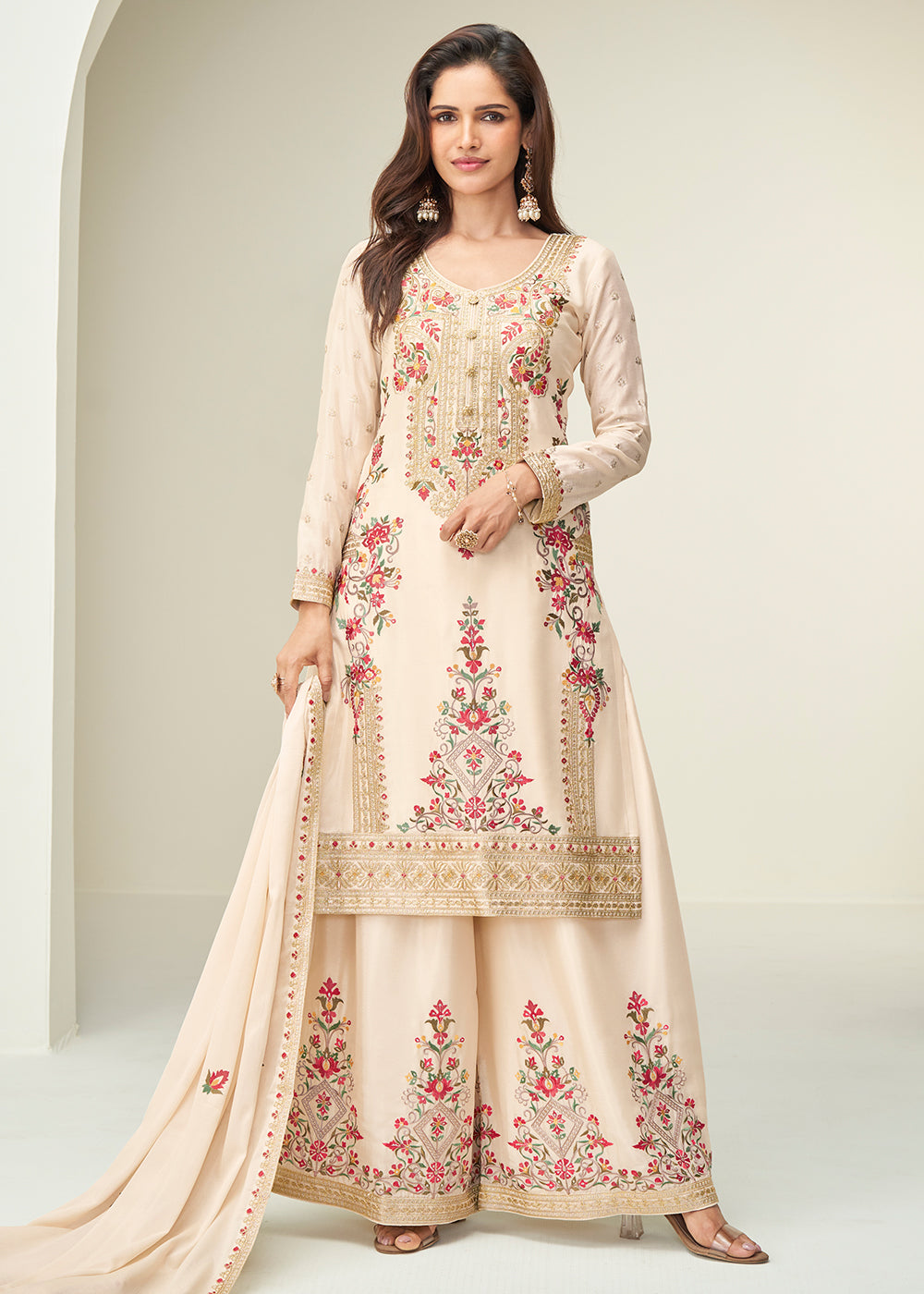 Buy Now Cream Festive Style Embroidered Ethnic Palazzo Suit Online in Newark, Yorktown, Toronto, London, Orlando, Munich, Chicago, Utah & Worldwide at Empress.