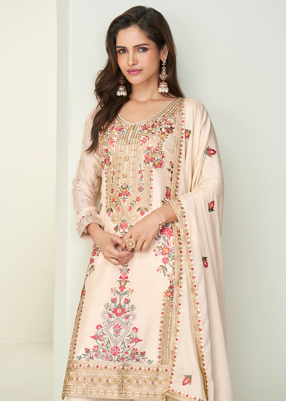 Buy Now Cream Festive Style Embroidered Ethnic Palazzo Suit Online in Newark, Yorktown, Toronto, London, Orlando, Munich, Chicago, Utah & Worldwide at Empress.