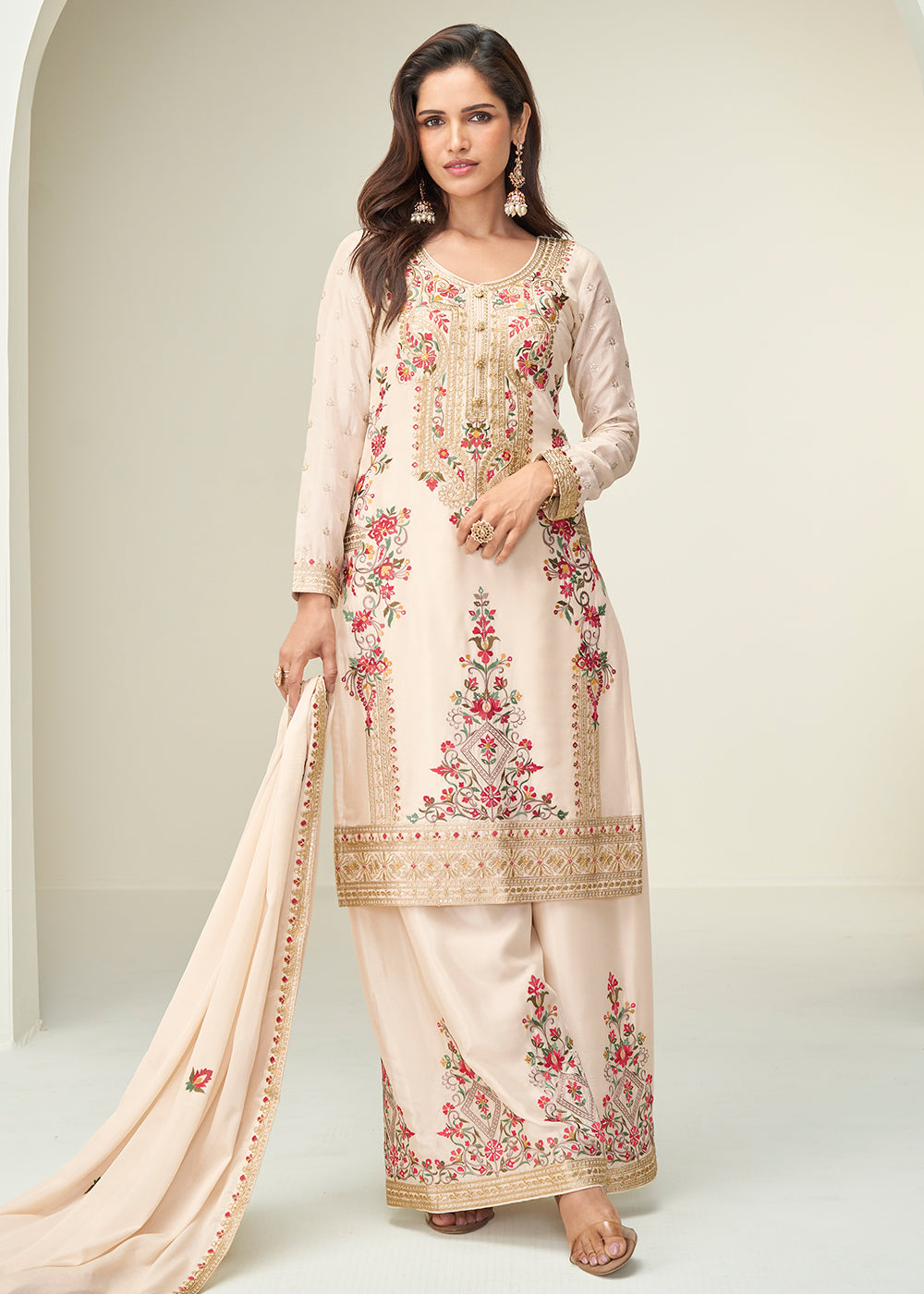 Buy Now Cream Festive Style Embroidered Ethnic Palazzo Suit Online in Newark, Yorktown, Toronto, London, Orlando, Munich, Chicago, Utah & Worldwide at Empress.