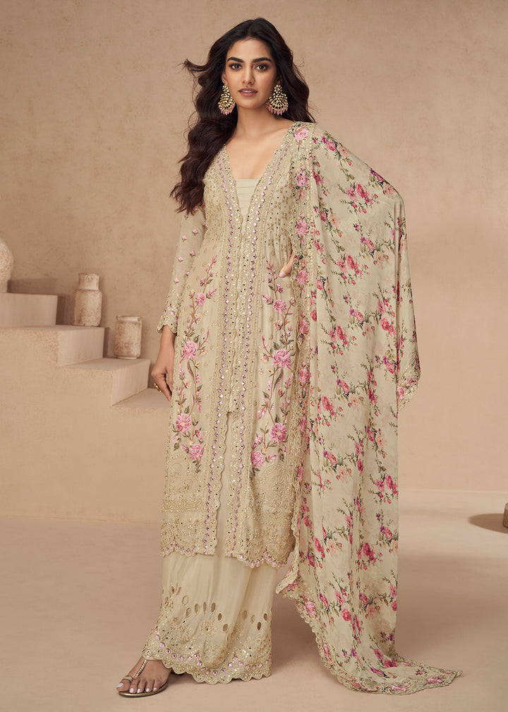 Buy Now Chinnon Silk Beige Festive Wedding Style Palazzo Suit Online in USA, UK, Canada, Germany, Italy, France, Austria, UAE & Worldwide at Empress Clothing.