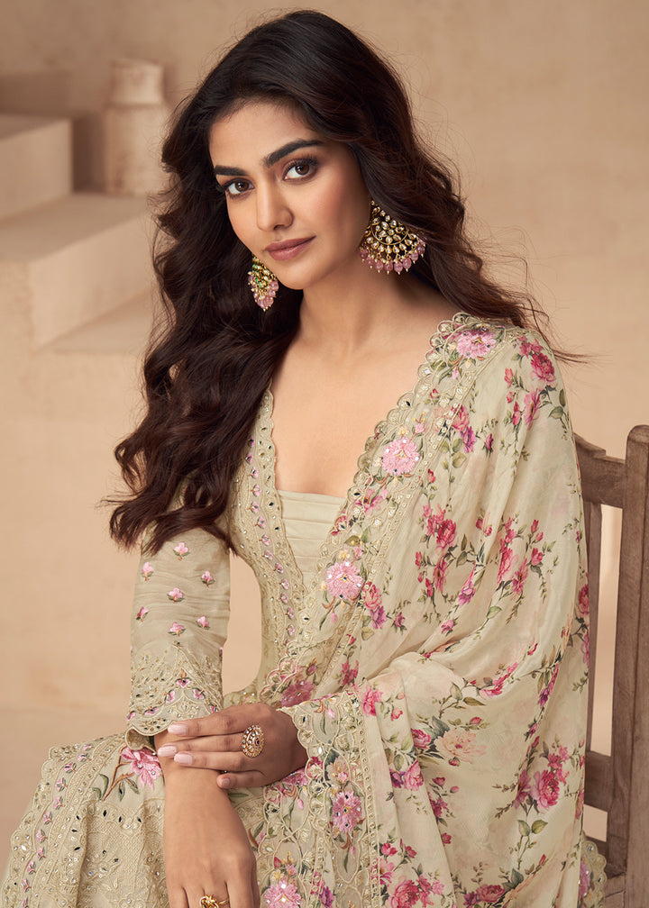 Buy Now Chinnon Silk Beige Festive Wedding Style Palazzo Suit Online in USA, UK, Canada, Germany, Italy, France, Austria, UAE & Worldwide at Empress Clothing.