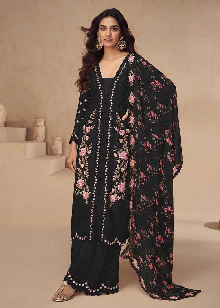 Buy Now Chinnon Silk Black Festive Wedding Style Palazzo Suit Online in USA, UK, Canada, Germany, Italy, France, Austria, UAE & Worldwide at Empress Clothing.