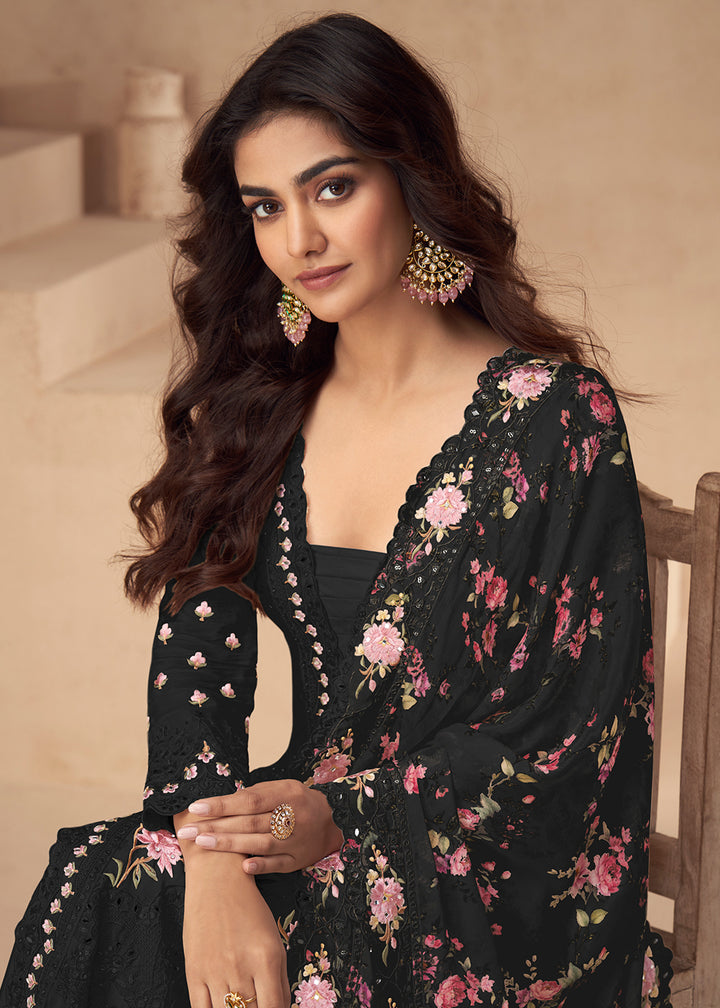 Buy Now Chinnon Silk Black Festive Wedding Style Palazzo Suit Online in USA, UK, Canada, Germany, Italy, France, Austria, UAE & Worldwide at Empress Clothing.