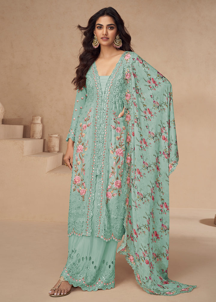 Buy Now Chinnon Silk Blue Festive Wedding Style Palazzo Suit Online in USA, UK, Canada, Germany, Italy, France, Austria, UAE & Worldwide at Empress Clothing.