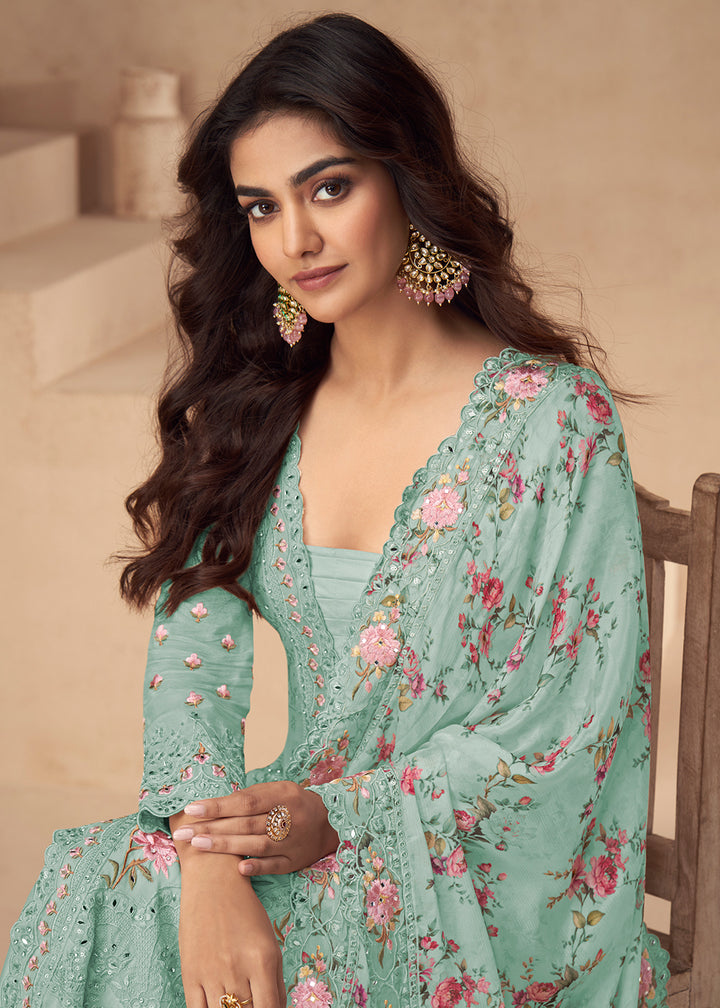 Buy Now Chinnon Silk Blue Festive Wedding Style Palazzo Suit Online in USA, UK, Canada, Germany, Italy, France, Austria, UAE & Worldwide at Empress Clothing.