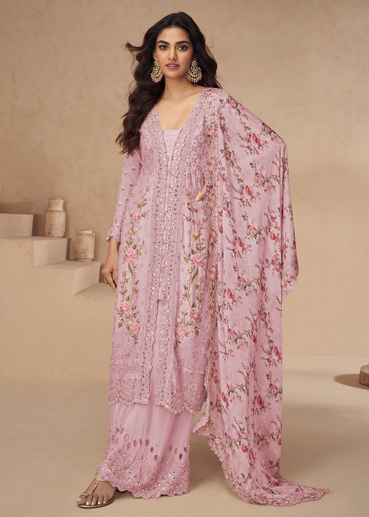 Buy Now Chinnon Silk Pink Festive Wedding Style Palazzo Suit Online in USA, UK, Canada, Germany, Italy, France, Austria, UAE & Worldwide at Empress Clothing.