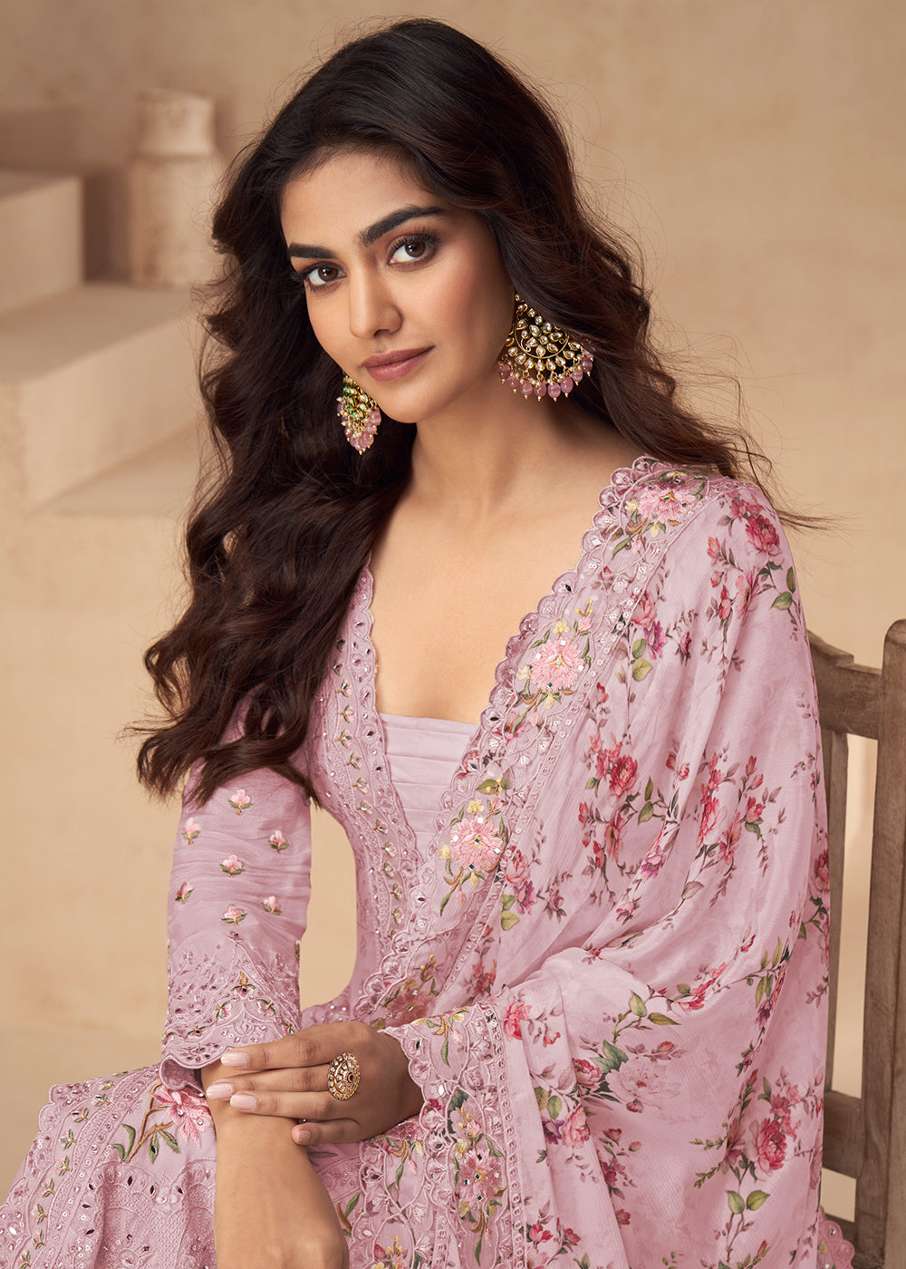 Buy Now Chinnon Silk Pink Festive Wedding Style Palazzo Suit Online in USA, UK, Canada, Germany, Italy, France, Austria, UAE & Worldwide at Empress Clothing.