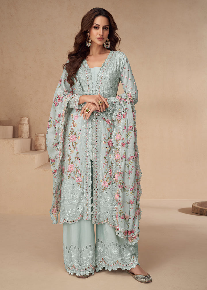 Buy Now Chinnon Silk Grey Festive Wedding Style Palazzo Suit Online in USA, UK, Canada, Germany, Italy, France, Austria, UAE & Worldwide at Empress Clothing.